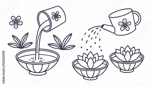 A collection of simple line-art icons featuring elements of the Thai New Year water celebrations, such as water bowls, flowers, and water splashes, all arranged neatly on a white background.    