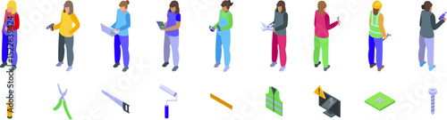 Woman holding screwdriver icons set. Construction workers using various tools and technology, showcasing different aspects of building and repair projects