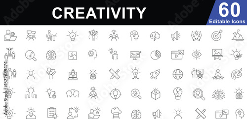 Creativity and Innovation Line Icons Set. Idea, Brainstorming, Solutions and AI Symbols