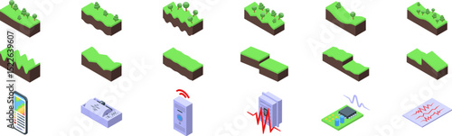 Seismic waves icons set. Isometric icons representing earthquake measurement, showcasing various terrain changes and electronic devices used for seismic activity detection and recording