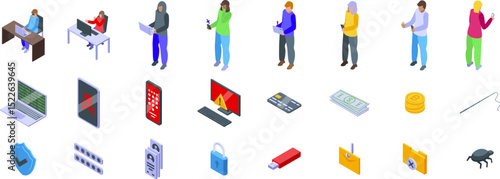 Bait hacking icons set. Isometric icons representing various cyber security threats, data protection measures, and individuals engaging with technology