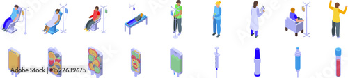 Iv therapy icons set. Medical treatment with patients receiving intravenous therapy and blood transfusion in hospital