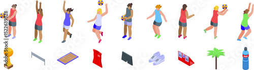 Woman playing volleyball icons set. Women athletes playing volleyball, performing various actions like serving, receiving, jumping, and diving, showcasing the dynamics of beach volleyball