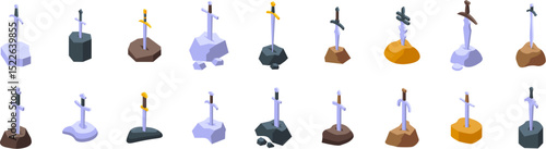 Sword stone icons set. Isometric set of sword icons showing different types of metal swords stuck in various stones and ground