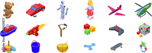 Broken toys icons set. Isometric toy icons set featuring various playthings for children, promoting fun, learning, and development