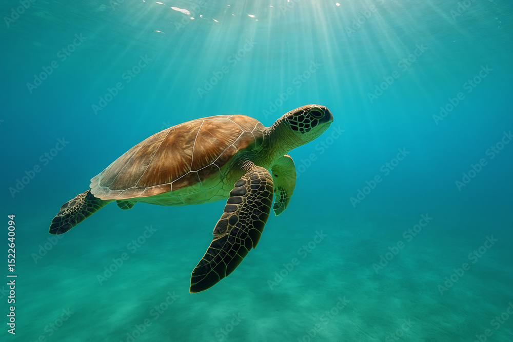 Fototapeta premium Majestic Green Sea Turtle Swimming in Clear Blue Ocean with Sun Rays