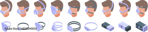 CPAP mask icons set. Different cpap devices for sleep apnea therapy, improving sleep quality and reducing snoring