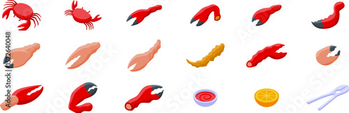 Boiled crab claw icons set. Seafood icons set showcasing crabs, lobster claws, shrimp, and pliers, perfect for representing culinary delights and ocean fresh ingredients