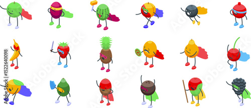 Superhero fruit icons set. Collection of superhero fruits and berries striking poses, showcasing strength, courage, and healthy lifestyle