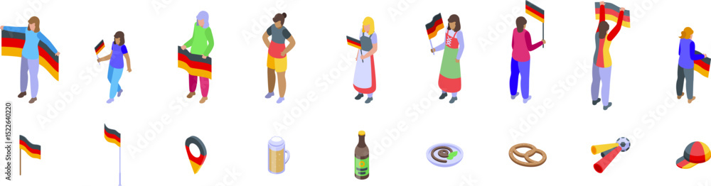 Obraz premium Woman holding germany flag icons set. Isometric icons representing people celebrating german culture, waving flags, wearing traditional clothing, and enjoying pretzels, beer, and sausages