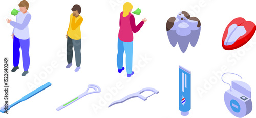 Halitosis icons set. Halitosis prevention using oral hygiene products like toothpaste, toothbrush, dental floss, and tongue scraper