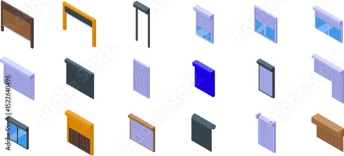 Roller shutter up icons set. Isometric icons showcasing various rolling shutters, highlighting their role in security and protection for residential and commercial properties