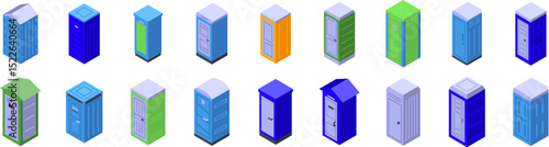 Bio toilet icons set. Collection of portable toilet icons in isometric view, showcasing diverse designs and colors suitable for construction sites, festivals, concerts, and outdoor gatherings