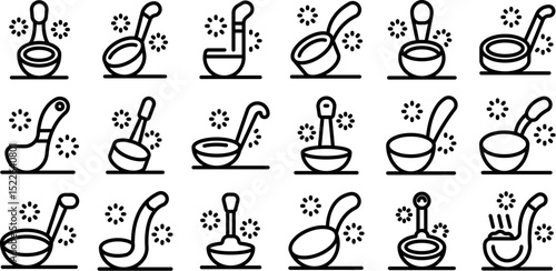Ladle icons set. Ladle icons set, outline style, kitchen utensil for serving dishes, soup ladle pouring broth or hot water pictograms
