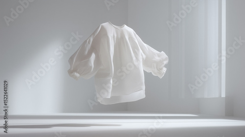 Elegant white blouse floating in mid-air on neutral background. Ideal for showcasing fabric care, steaming effect, softness, and gentle laundry product advertising.