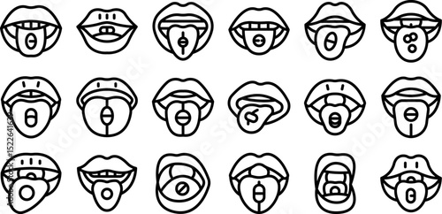 Pill tongue icons set. Collection of simple black and white icons representing mouths with tongues holding various pills