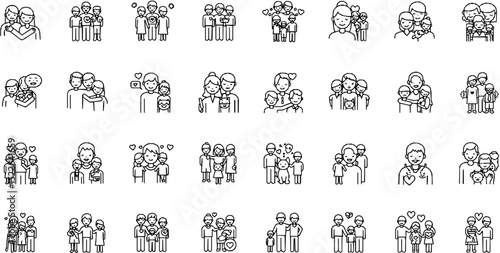 Hugs, line icon set. Vector pictograms of family, couple embraces, pet affection, symbolic support, comforting thin linear illustration.
