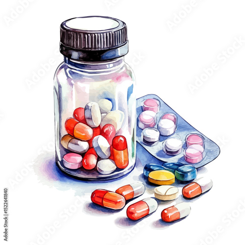 Pain Relievers, watercolor painting vector, high quality, isolated on a white background.