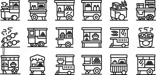 Meatball cart icons set. Mobile food vendors offering various snacks and beverages, representing urban culinary culture and entrepreneurship