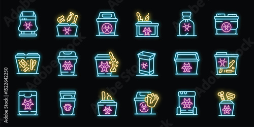 Glowing neon icons illustrate safe medical waste disposal, emphasizing biohazard containment and responsible handling of contaminated materials