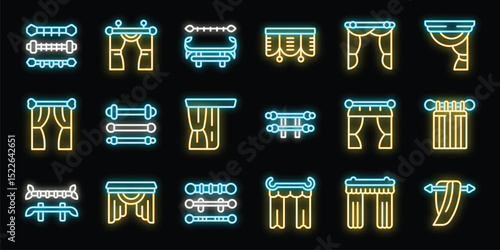 Glowing neon icons representing various curtain and drapery designs