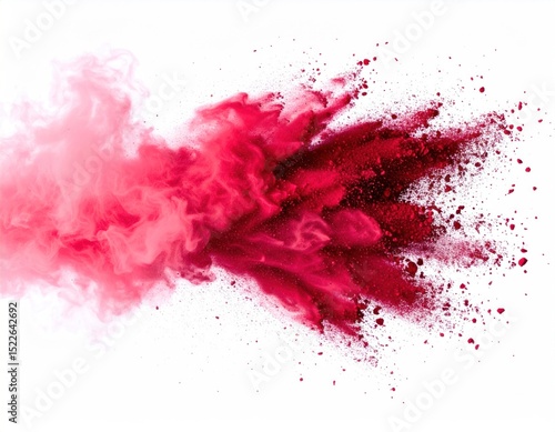 Crimson dust bursts, fading to lighter pink, against stark white background