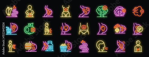 Neon bloating icons showing abdominal pain, digestive problems, food intolerance, and medical treatment
