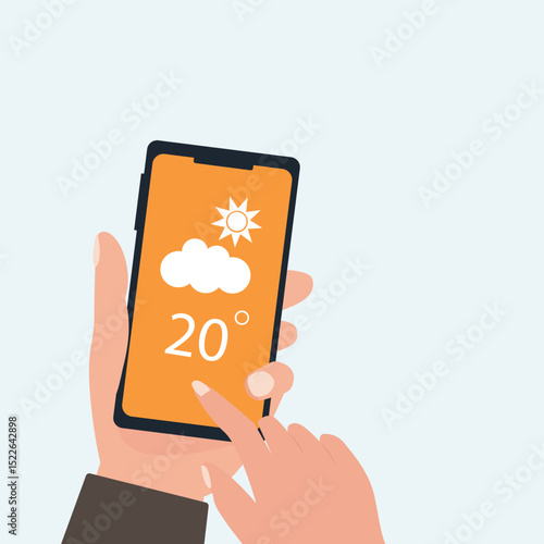 Hand holding smartphone weather forecast on the phone screen with a weather forecast icon vector illustration.