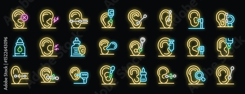 Neon icons showcasing ear cleaning, piercing, treatment, and examination, illuminating ear care practices