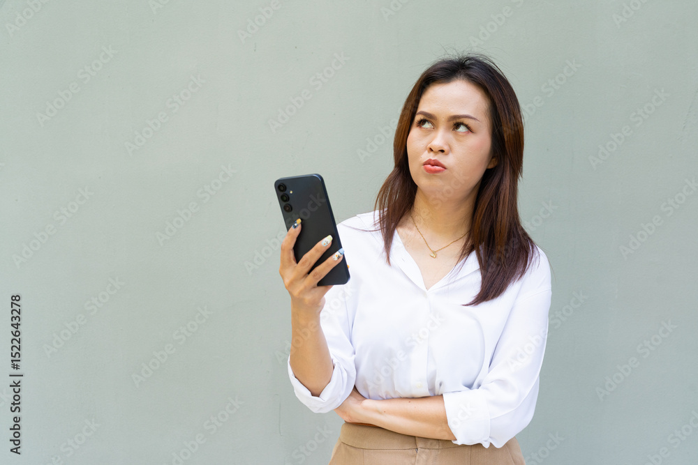 Naklejka premium Portrait of Asian woman with business clothes against plain wall using phone