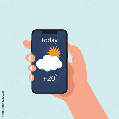 Hand holding smartphone weather forecast on the phone screen with a weather forecast icon vector illustration.