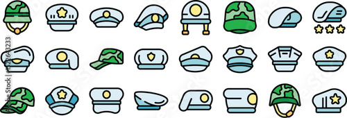 Exploring diverse uniform hat designs, encompassing military helmets, police caps, sailor hats, and other official headwear, representing different professions and ranks