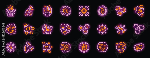 Glowing neon protists icons illustrate various types of single celled eukaryotic microorganisms, highlighting their diverse forms and structures