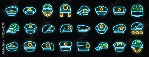 Glowing neon icons representing various military and police uniform hats, showcasing diverse ranks, specializations, and camouflage patterns