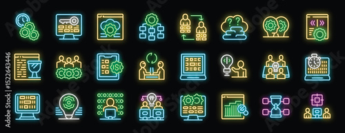 Neon icons representing software development, project management, teamwork, brainstorming, coding, testing, and problem solving