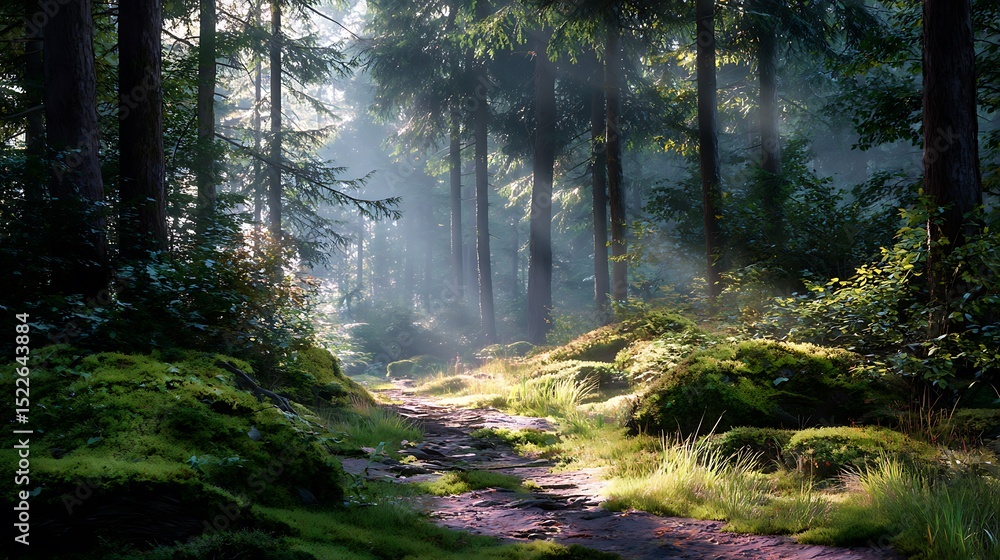 Obraz premium Lush Green Forest with Mossy Rocks and Sunbeams