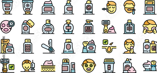 Icons depicting various men's cosmetic products and their usage, including shaving, applying cream, lotion, and face masks
