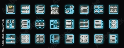 Neon icons representing capsule hotels, hostels, and other small sleeping spaces, perfect for travel and budget accommodation concepts