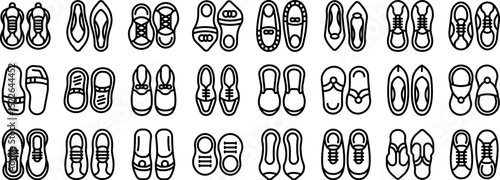 Shoes top view icons set. Collection of footwear icons showcasing diverse shoe styles, from athletic sneakers to elegant formal shoes and casual sandals, suitable for web design and infographics