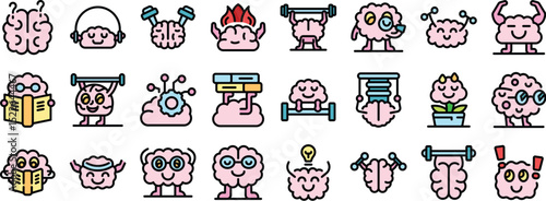 Set of brain training icons representing learning, studying, relaxing, exercising, and growing concepts
