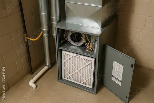 An open furnace unit shows its air filter and internal components in a basement with exposed pipes and ductwork.