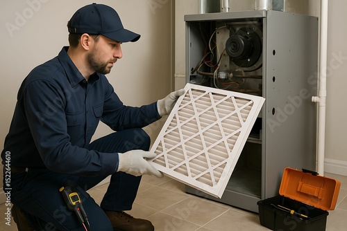 A technician replaces an air filter in a furnace during routine HVAC maintenance at home.