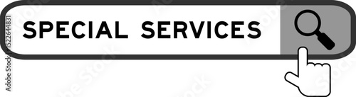 Search banner in word special services with hand over magnifier icon on white background