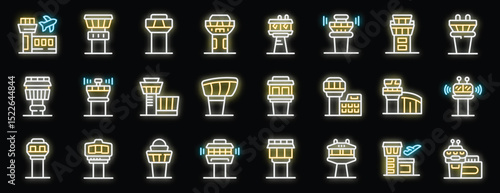 Glowing neon icons representing airport control towers, flight control, air traffic control, and airplanes taking off