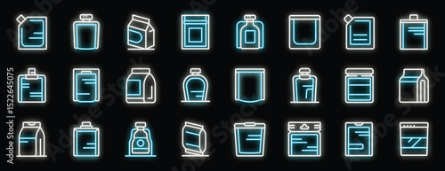Neon glowing icons representing doypacks and sachets, showcasing flexible packaging solutions for diverse products