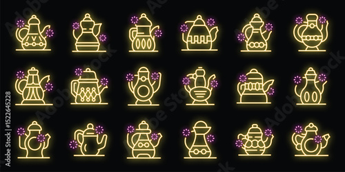 Eighteen bright neon yellow teapots with purple sparks, on a black background, perfect for tea rooms and tea lovers