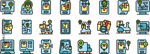Icons depict various aspects of delivery tracking, showcasing real time location of packages, destinations, and various transportation methods on different devices