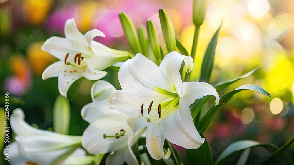 Fototapeta premium Divine Petals: Unraveling the Elegance and Symbolism of Lilies in Easter Traditions – A Tribute to Purity, Resurrection, and the Blossoming Spirit of Spring Celebrations
