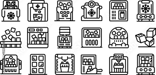 Ice maker icons set. Different types of ice maker machines producing, storing, and dispensing ice cubes for cooling beverages and food