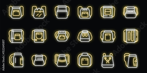 Backpack icons set, neon glowing symbols collection of backpack carrying bag, schoolbag and rucksack